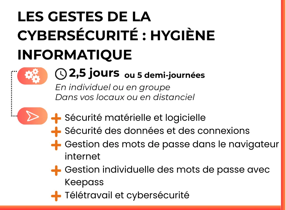 Formation aux gestes clés de cybersécurité. En individuel ou en groupe. Dans vos locaux ou en distanciel.