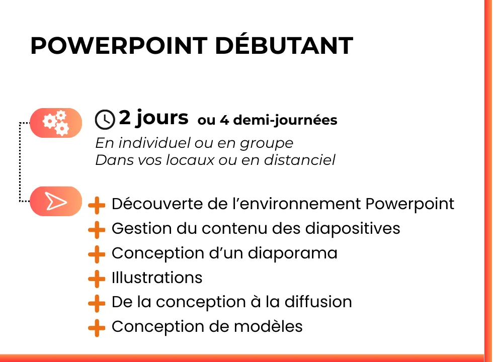 Formation PowerPoint pour débutants. En individuel ou en groupe. Dans vos locaux ou en distanciel.