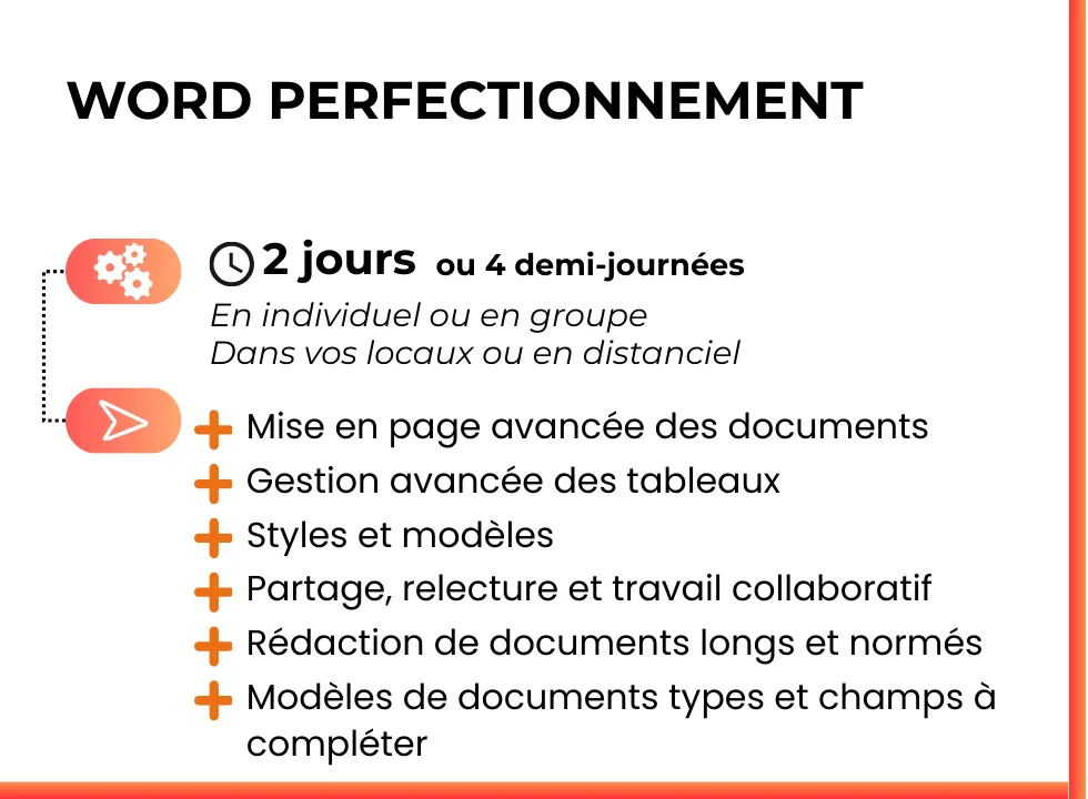 Formation Word en perfectionnement. En individuel ou en groupe. Dans vos locaux ou en distanciel.
